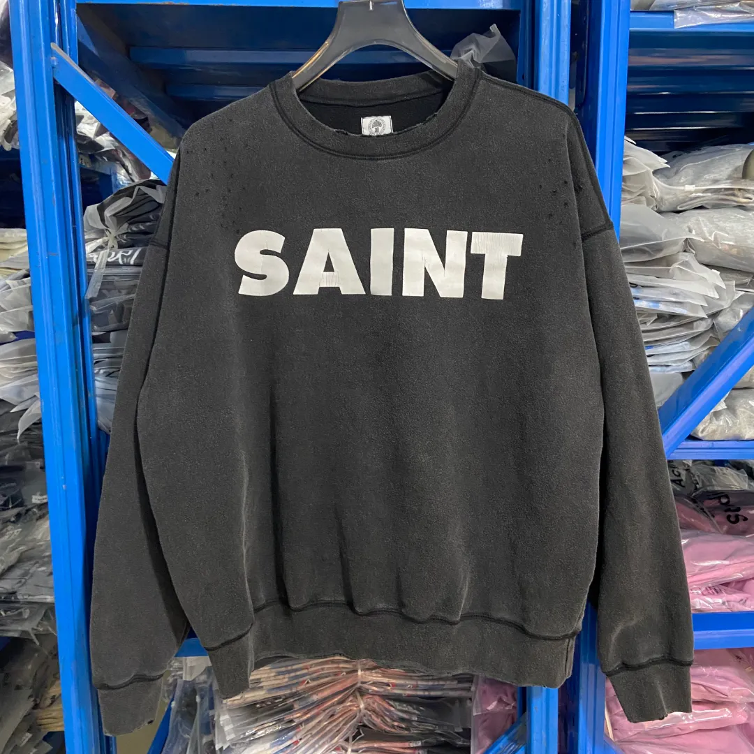New arrival🆕Saint Michael SNT destruction letter classic retro distressed washed velvet casual loose round neck sweatshirt Fabric: 420g Style number: SM620 Size: S-M-L-XL Color: Black Price: P198